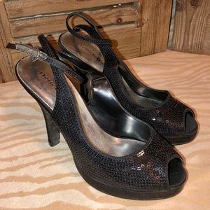 5” platform heels, black sequined, size 7